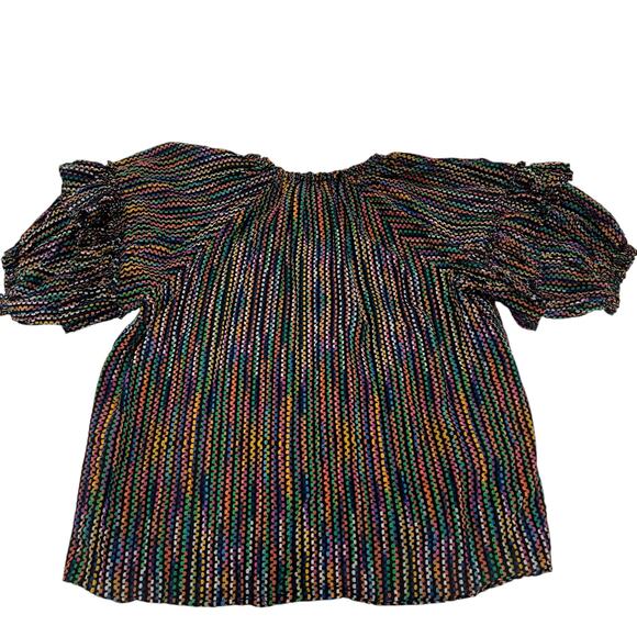 Ramy Brook Eugenia Ruffle Sleeve Top Large Rainbow Dot Stripe Split Neck Peasant - Picture 7 of 12